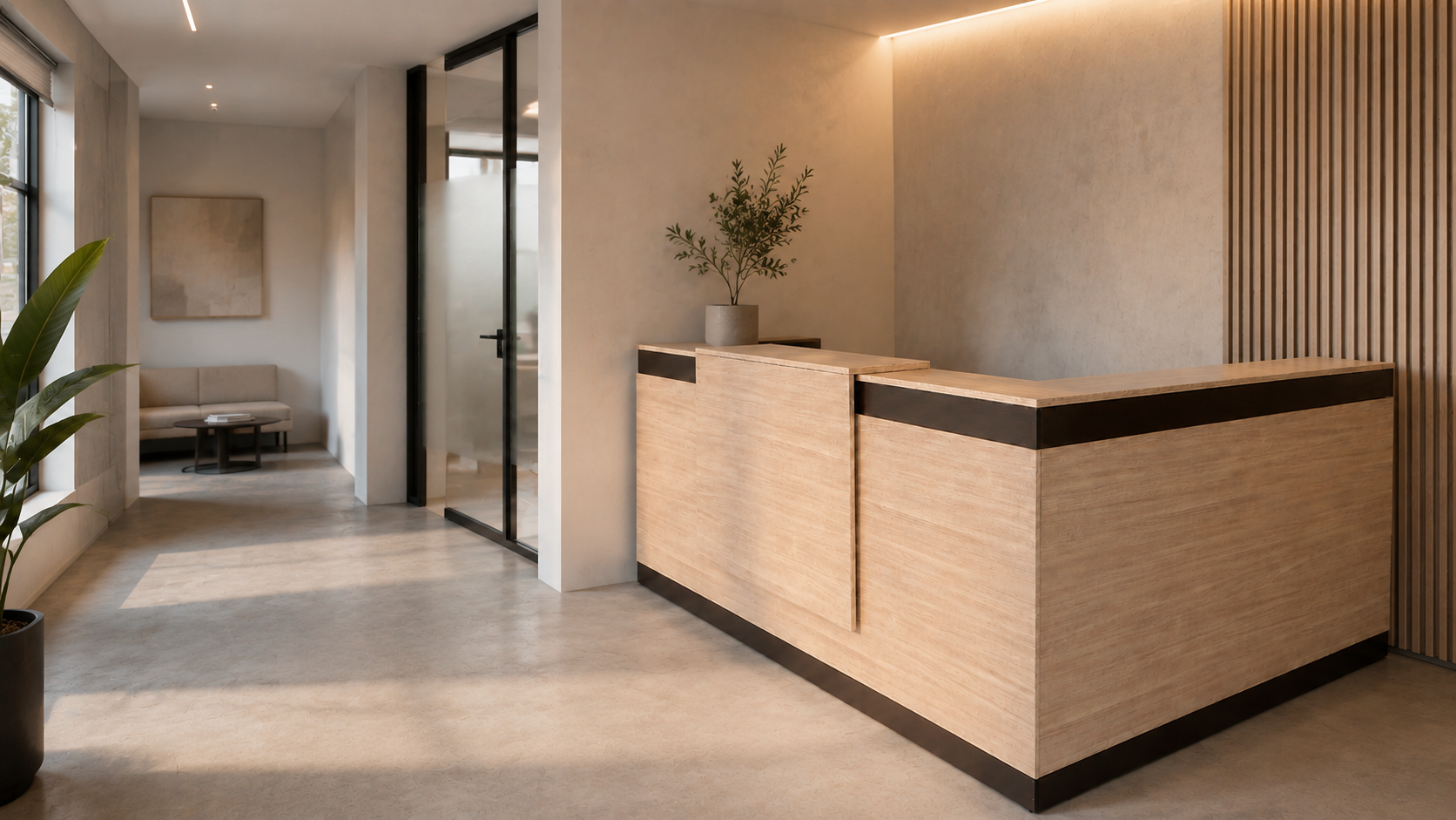 Mostrador en madera con detalle oscuro