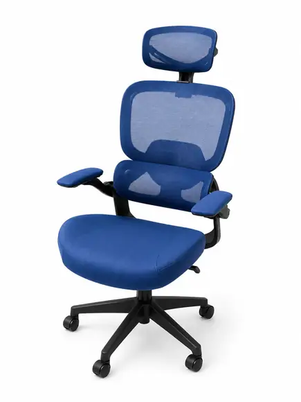 Sillon operativo Ofimob Blue con respaldo de rejilla azul, brazos abatibles y cabezal regulable